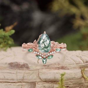 Lark Nature Inspired Pear Cut Moss Agate Leafy Ring Set 2pcs