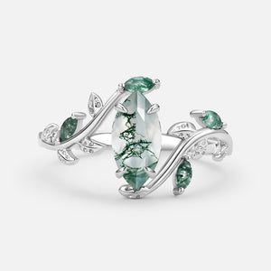 Vintage Marquise Cut Moss Agate Leafy Engagement Ring