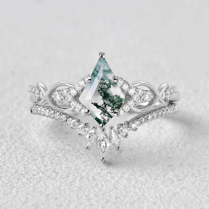 Kite Cut Moss Agate Antique Engagement Ring Set 2pcs
