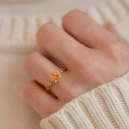 Solara's Petal – Round Citrine Engagement Ring with Floral Diamond Accents