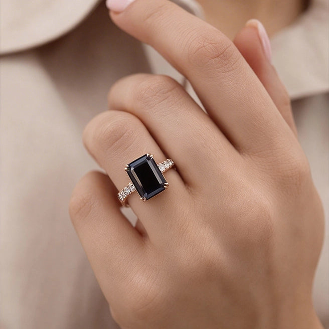 Selene's Mystique | 2CT Emerald Cut Black Gemstone Ring