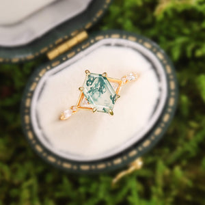 Nature Inspired Hexagon Cut Moss Agate Engagement Ring