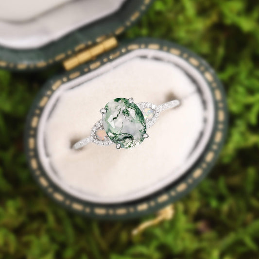 Nature Inspired Oval Cut Moss Agate Engagement Ring