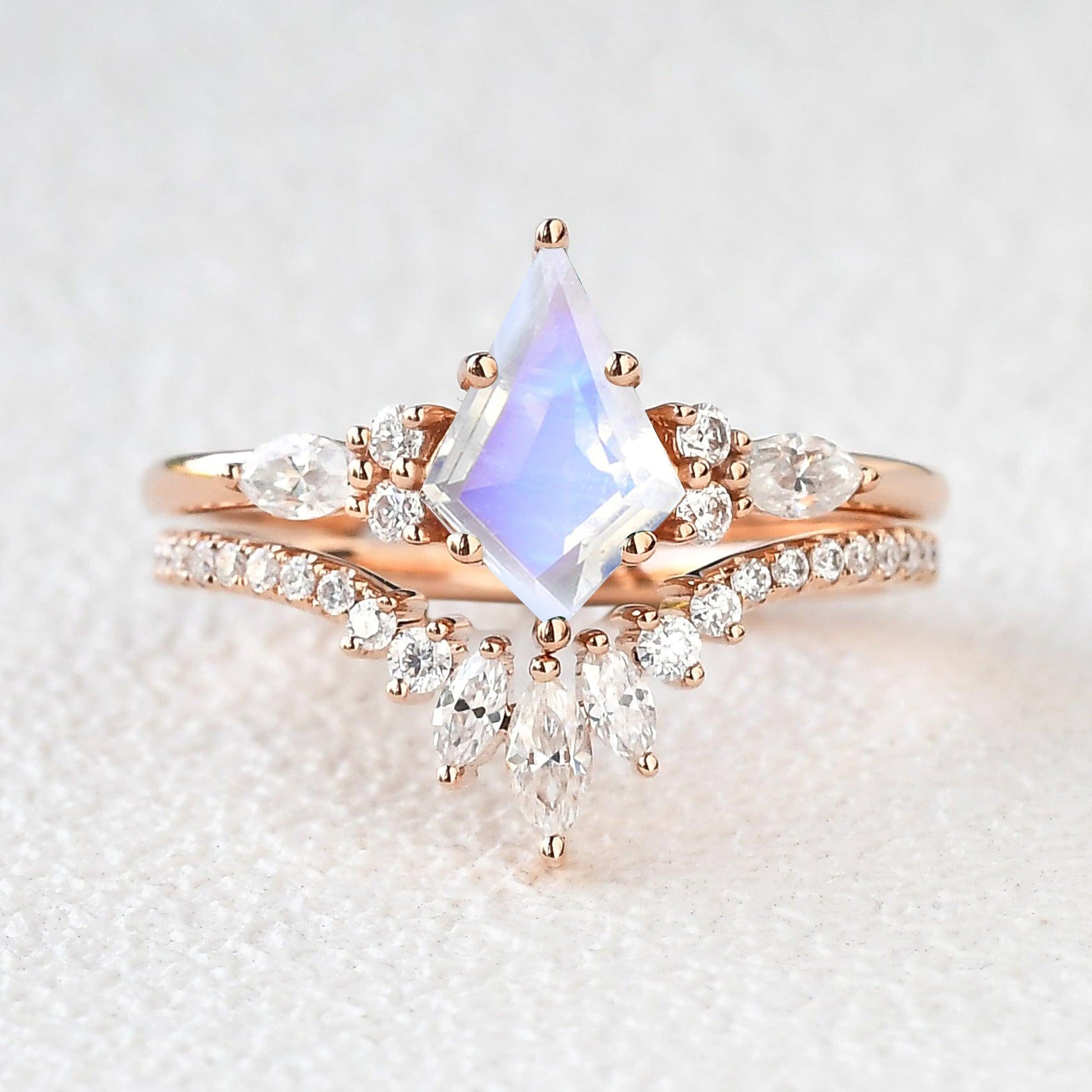 Kite Cut Moss Agate Three Stone Engagement Ring Set 2pcs - Rebecca