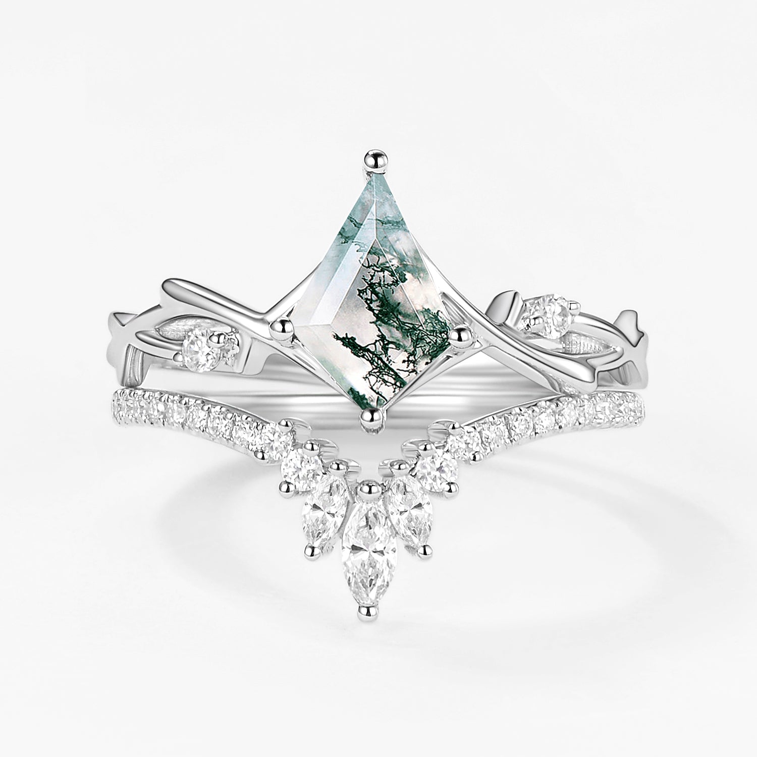 Kite Shape Branch Moss Agate Engagement Ring Sets 2pcs