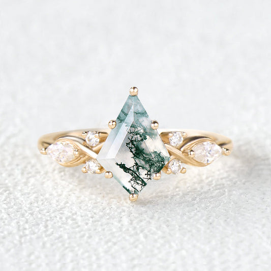 Unique Kite Cut Moss Agate Leafy Engagement Ring