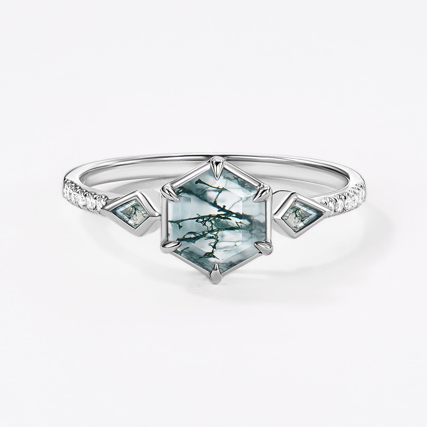 1.0ct Hexagon Moss Agate Bezel Engagement Ring