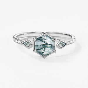 1.0ct Hexagon Moss Agate Bezel Engagement Ring