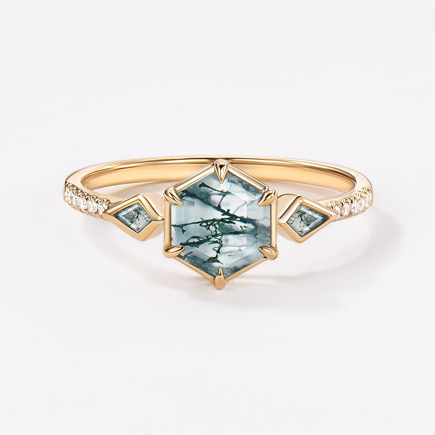 1.0ct Hexagon Moss Agate Bezel Engagement Ring
