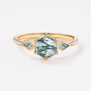1.0ct Hexagon Moss Agate Bezel Engagement Ring