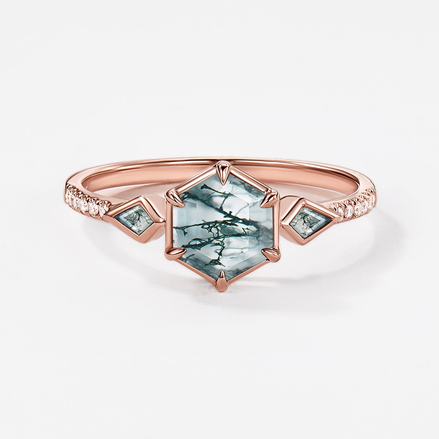 1.0ct Hexagon Moss Agate Bezel Engagement Ring