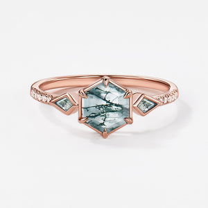 1.0ct Hexagon Moss Agate Bezel Engagement Ring