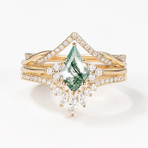 Green Moss Agate Kite Cut Infinity Curved Engagement Ring Set 3pcs
