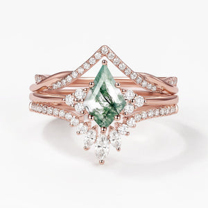 Green Moss Agate Kite Cut Infinity Curved Engagement Ring Set 3pcs