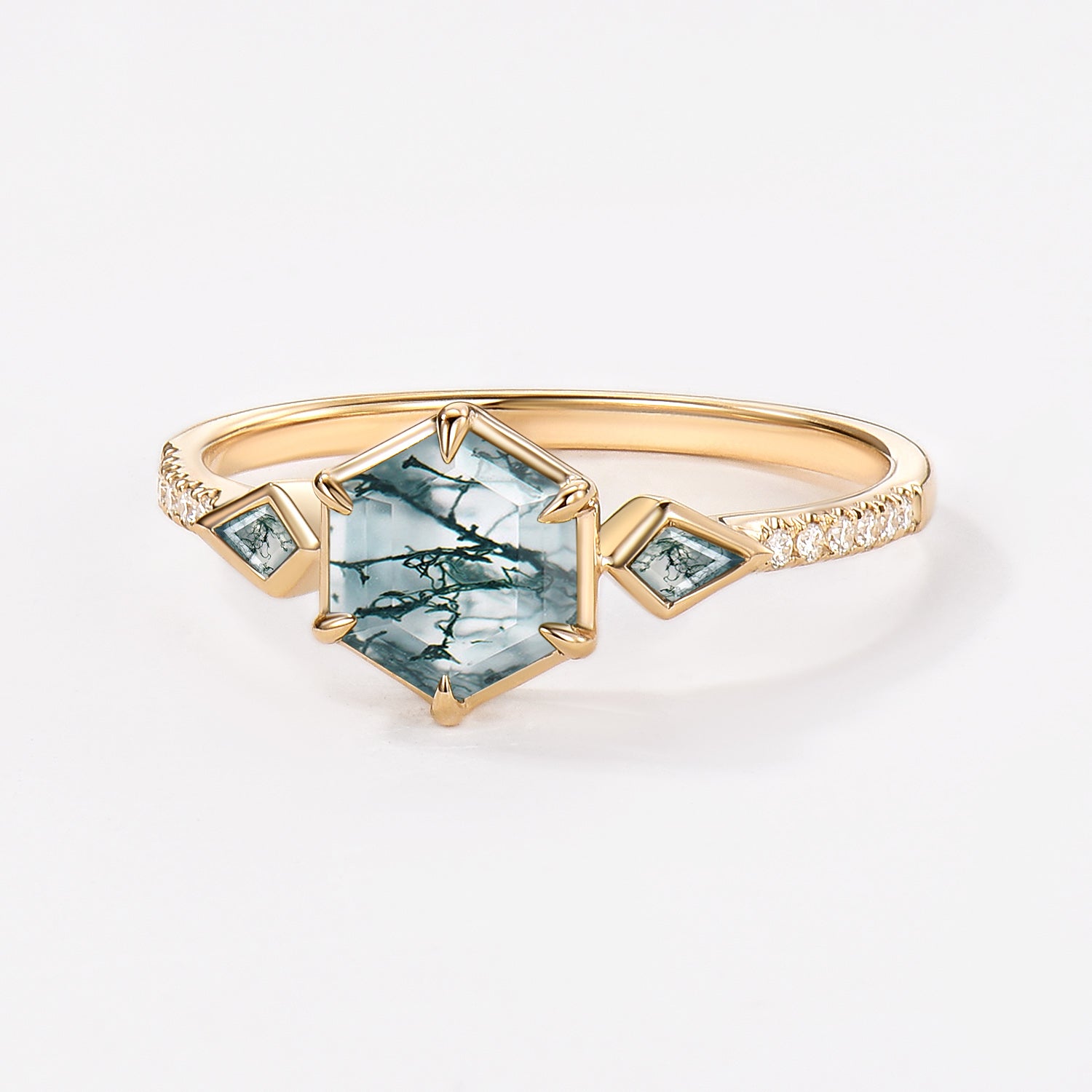 1.0ct Hexagon Moss Agate Bezel Engagement Ring