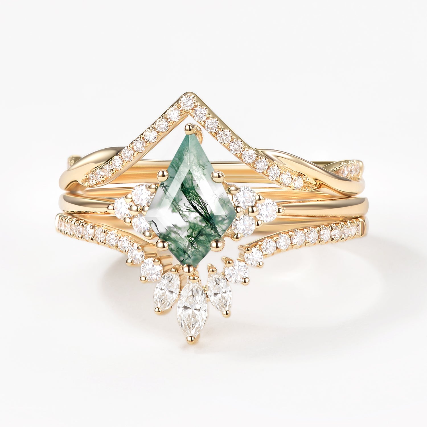 Green Moss Agate Kite Cut Infinity Curved Engagement Ring Set 3pcs
