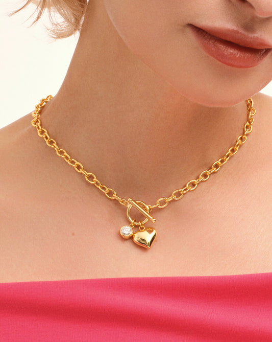 Romantic Gold  Heart Pendant Lariat Toggle Necklace In Silver Moissanite