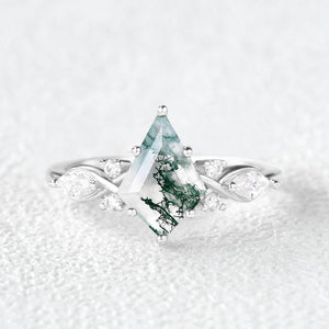 Unique Kite Cut Moss Agate Leafy Engagement Ring