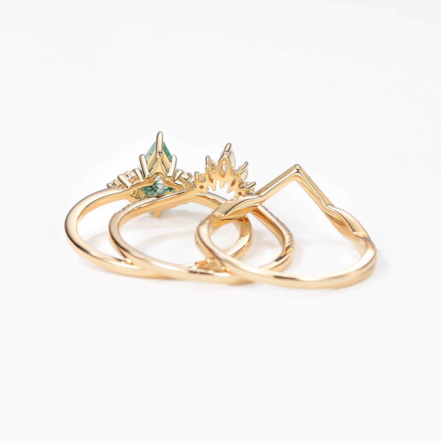 Green Moss Agate Kite Cut Infinity Curved Engagement Ring Set 3pcs