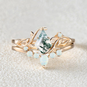 Colorful Stones Unique Kite Cut Moss Agate Leafy Bridal Ring Sets 2pcs - Willow