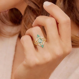 Vintage Oval Cut Moss Agate & Lab Emerald Signature Engagement Ring Set 3pcs