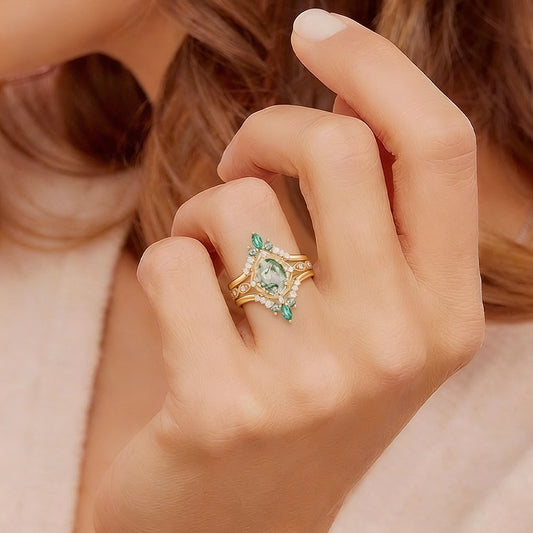 Vintage Oval Cut Moss Agate & Lab Emerald Signature Engagement Ring Set 3pcs