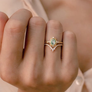 Linden Oval Cut Vintage Moss Agate Engagement Ring Set 2pcs