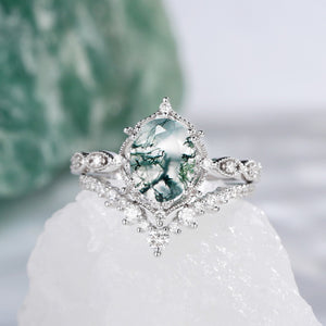 1.5ct Signature Moss Agate Vintage Ring Set 2pcs - Charlotte