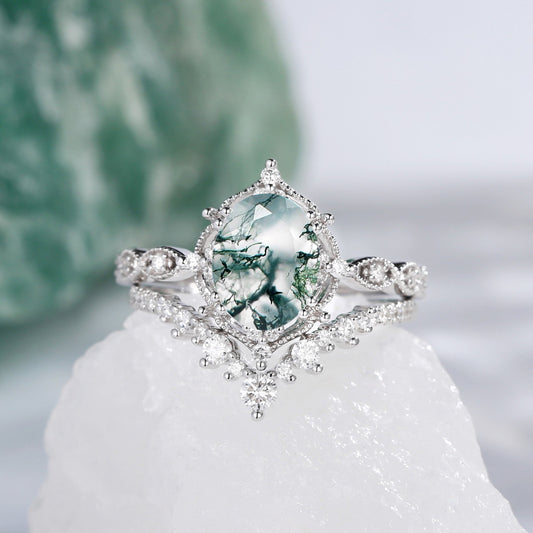 1.5ct Signature Moss Agate Vintage Ring Set 2pcs - Charlotte