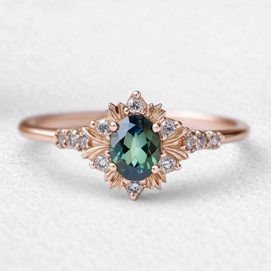 Enshrined Glow | Vintage Oval Cut Emerald Halo Engagement Ring