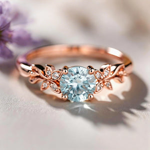 Nature 1CT Round Cut Blue Gemstone Leafy Engagement Ring