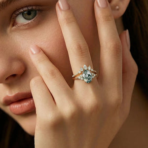 Oval Cut Moss Agate Cluster Gold Ring Set 2pcs