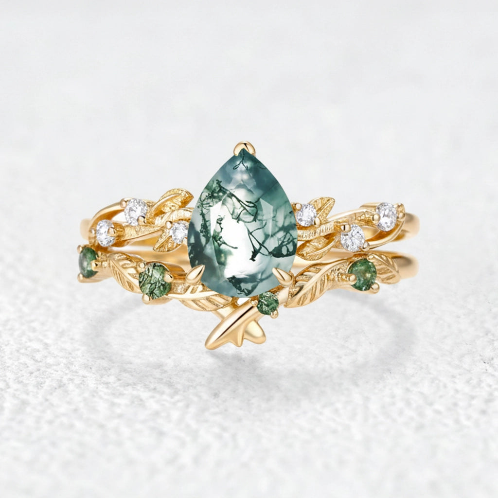 Clarissa Pear Cut Moss Agate Leafy Bridal Set 2pcs