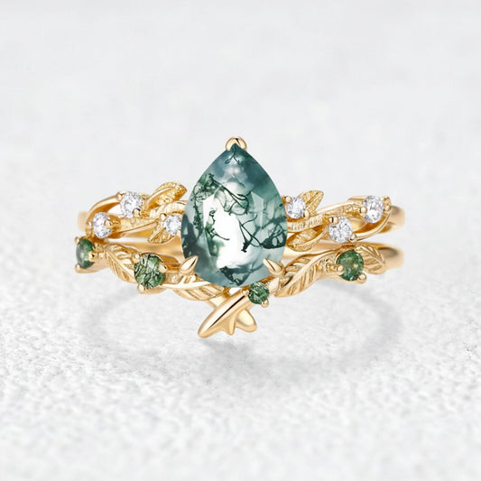 Clarissa Pear Cut Moss Agate Leafy Bridal Set 2pcs