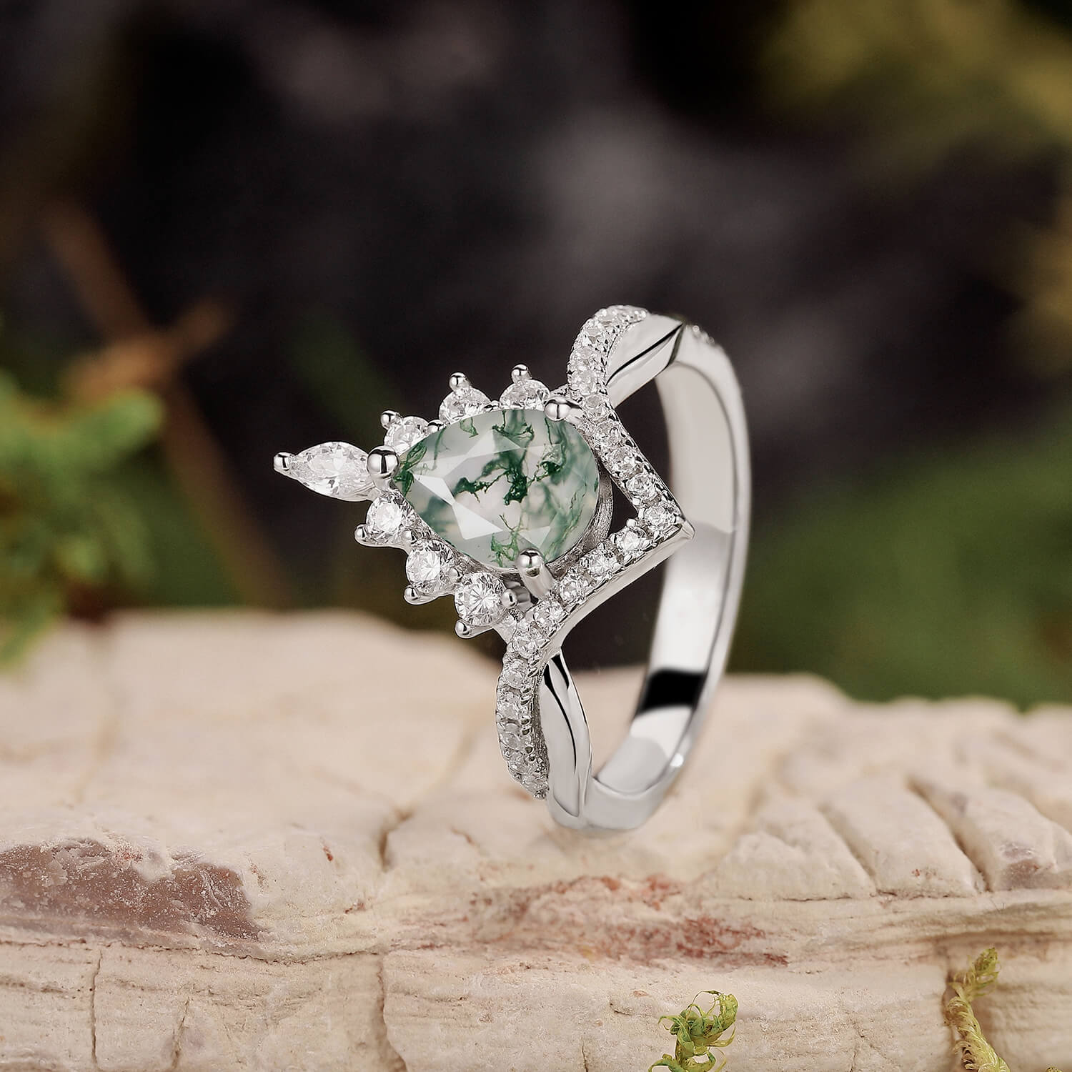 Pear Stack Moss Agate Leaf Engagement Ring Set