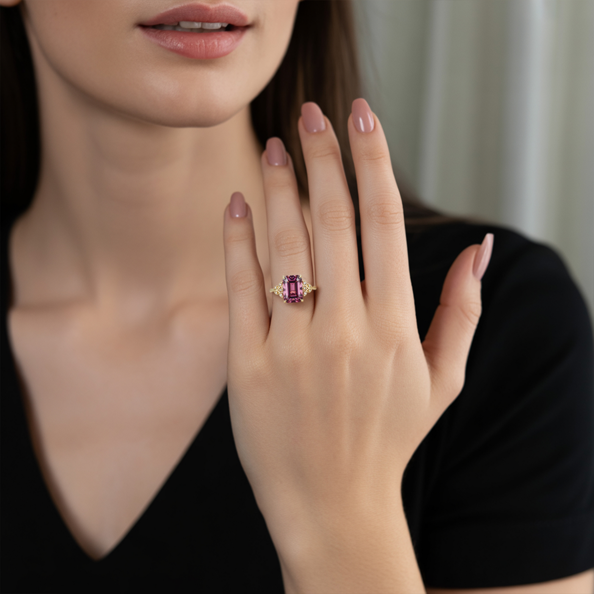 Elanora 4CT  Emerald-Cut Rose Pink Gemstone Ring