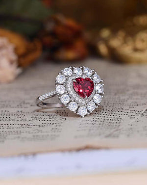 Sparkle Silver Ruby Heart Halo Statement Ring