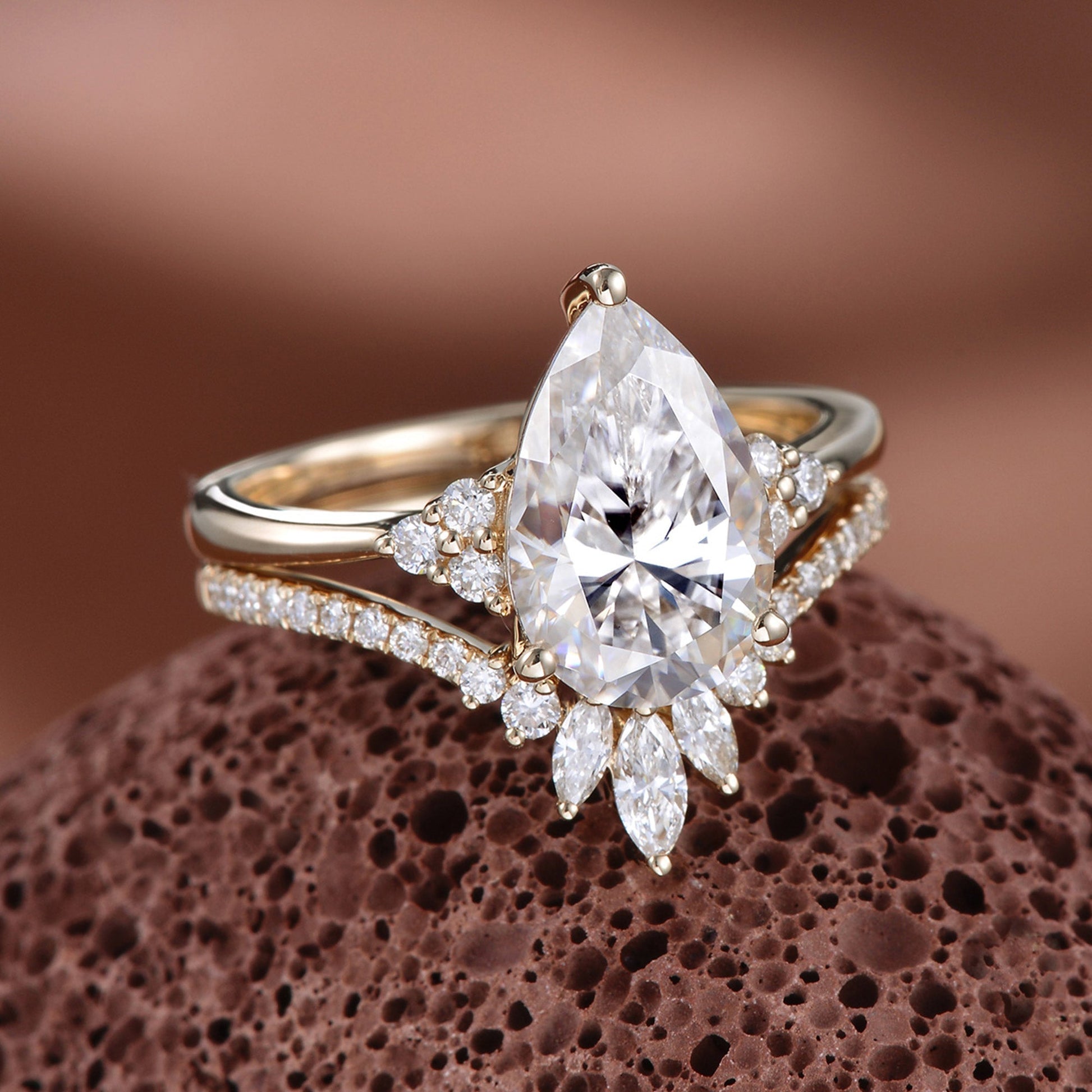 1.5ct Signature Pear Vintage Moss Agate Engagement Ring Set 2pcs - Lydia