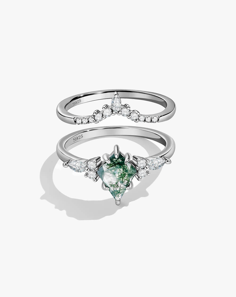 Vintage Kite Cut Moss Agate Engagement Ring Set