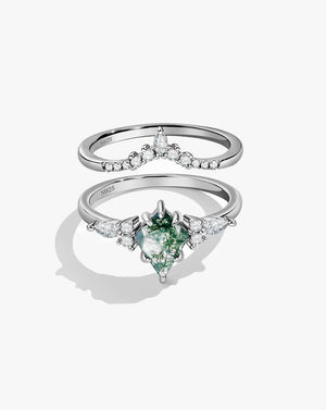 Vintage Kite Cut Moss Agate Engagement Ring Set