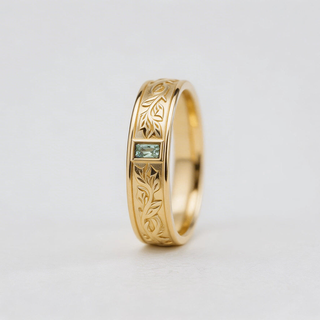 Mistletoe Forge | Bezel Baguette Green Sapphire Men's Wedding Band