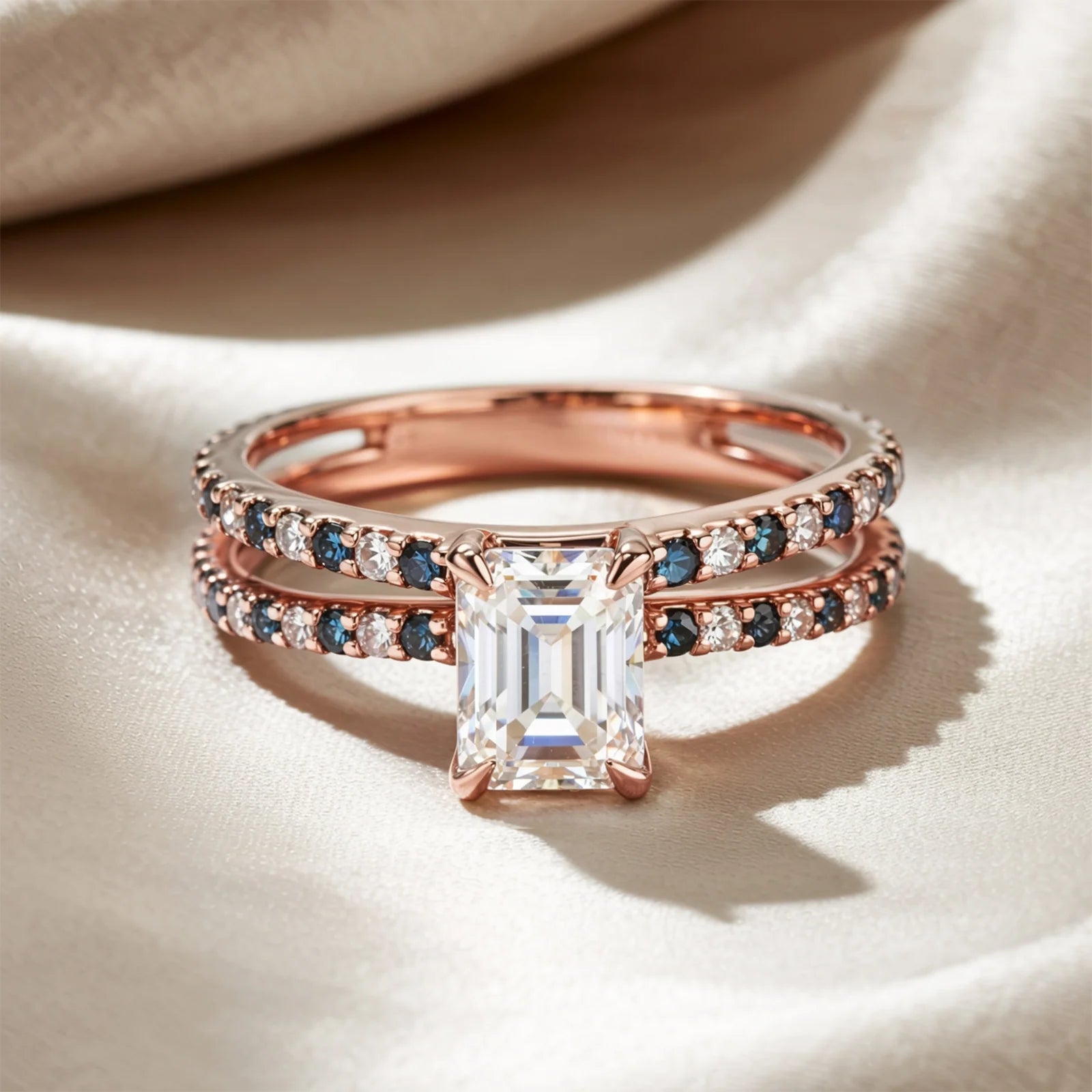The Cerulean Divide 2CT Eternity Emerald Cut Moissanite Ring