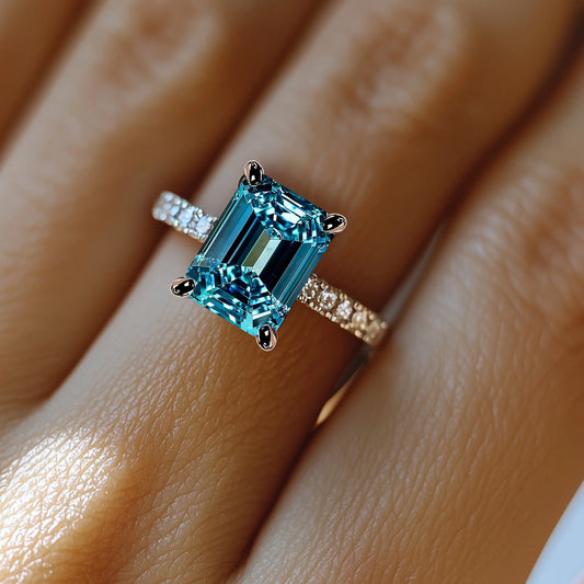 Camellia 3CT Emerald Cut Blue Gemstone Ring