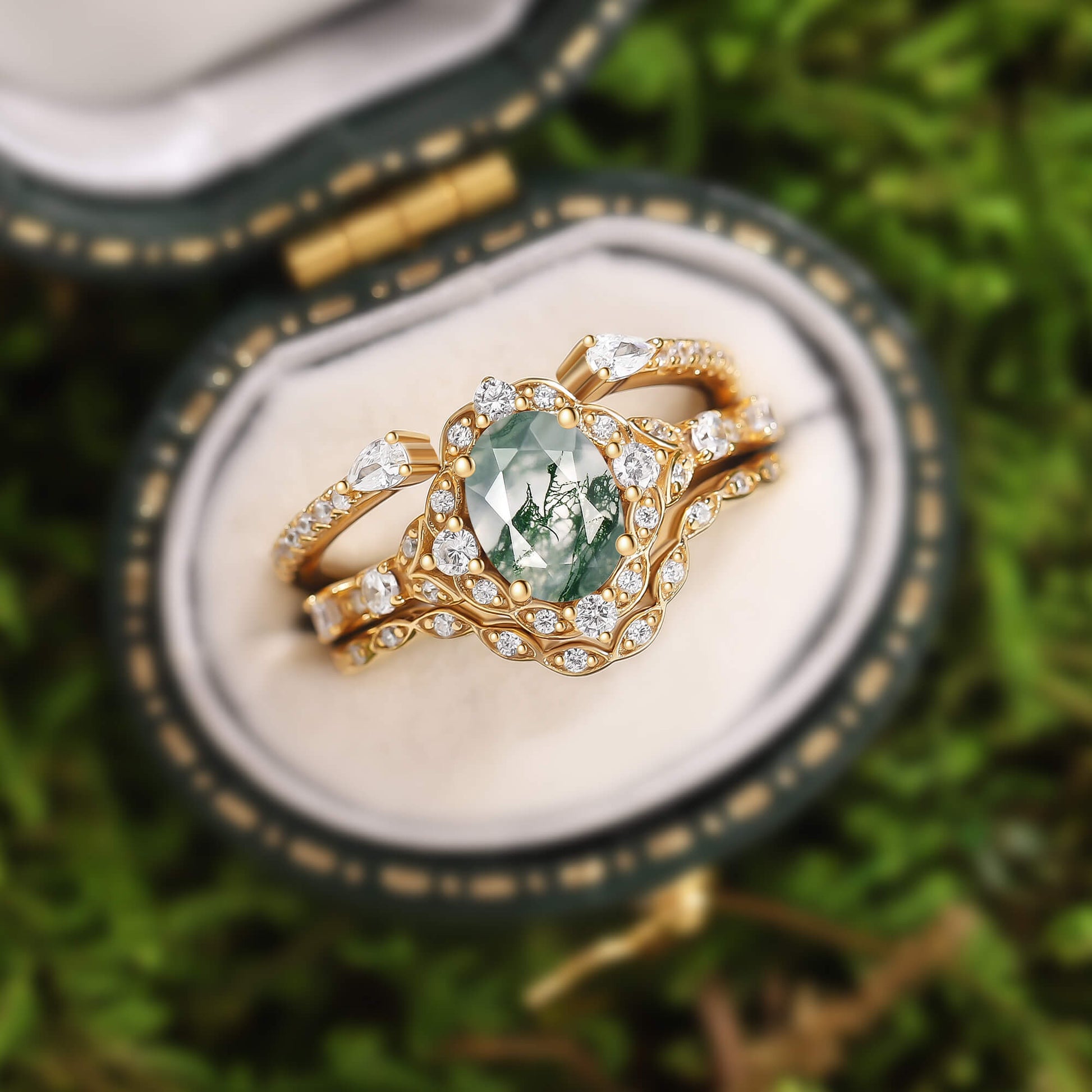 Unique Oval Cut Moss Agate Cluster Engagement Ring Set 3pcs