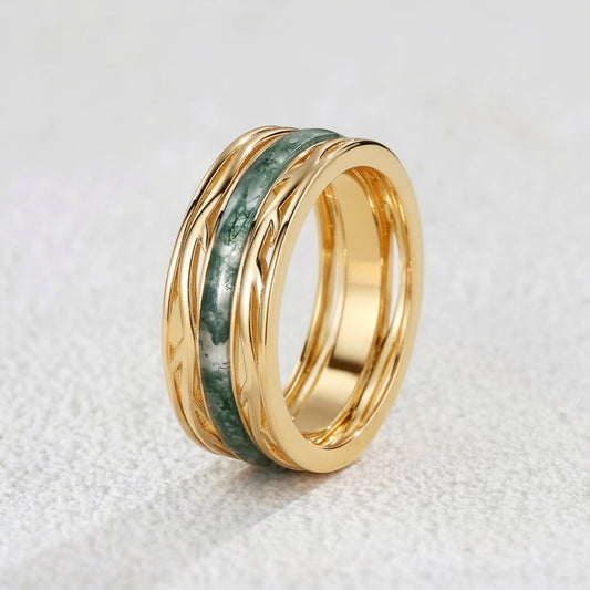 8MM Moss Agate Branch Yellow Gold Men Rings