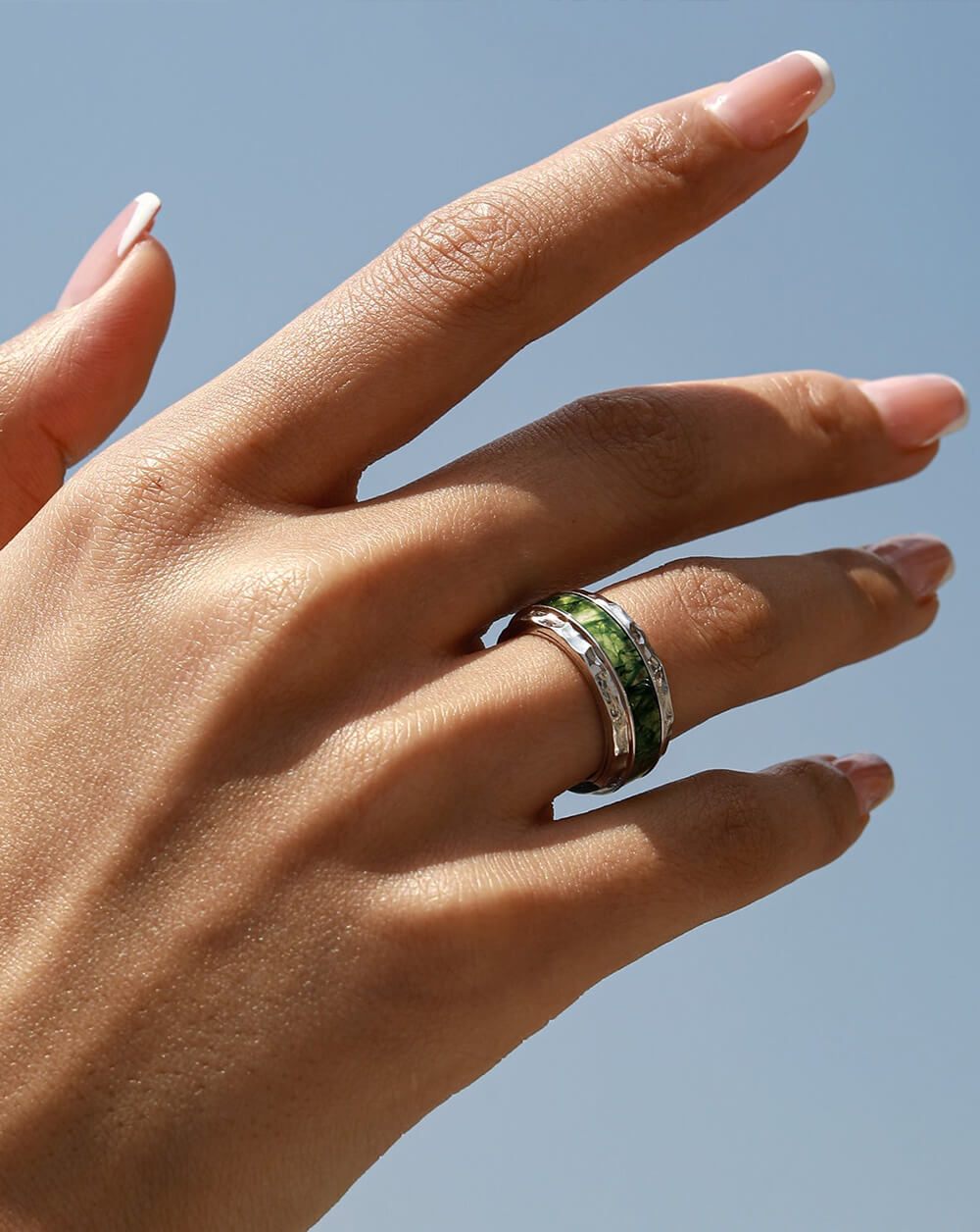Bold Hammered Sterling Silver Moss Agate Statement Band Ring