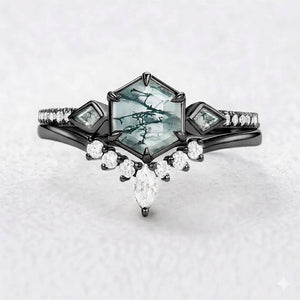 Linden’s Meadow |  Hexagon Moss Agate Three Stone Bridal Set 2pcs