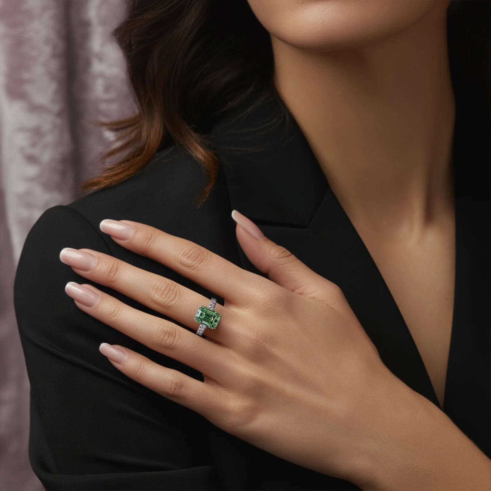 Camellia 3CT Emerald Cut Green Gemstone Ring