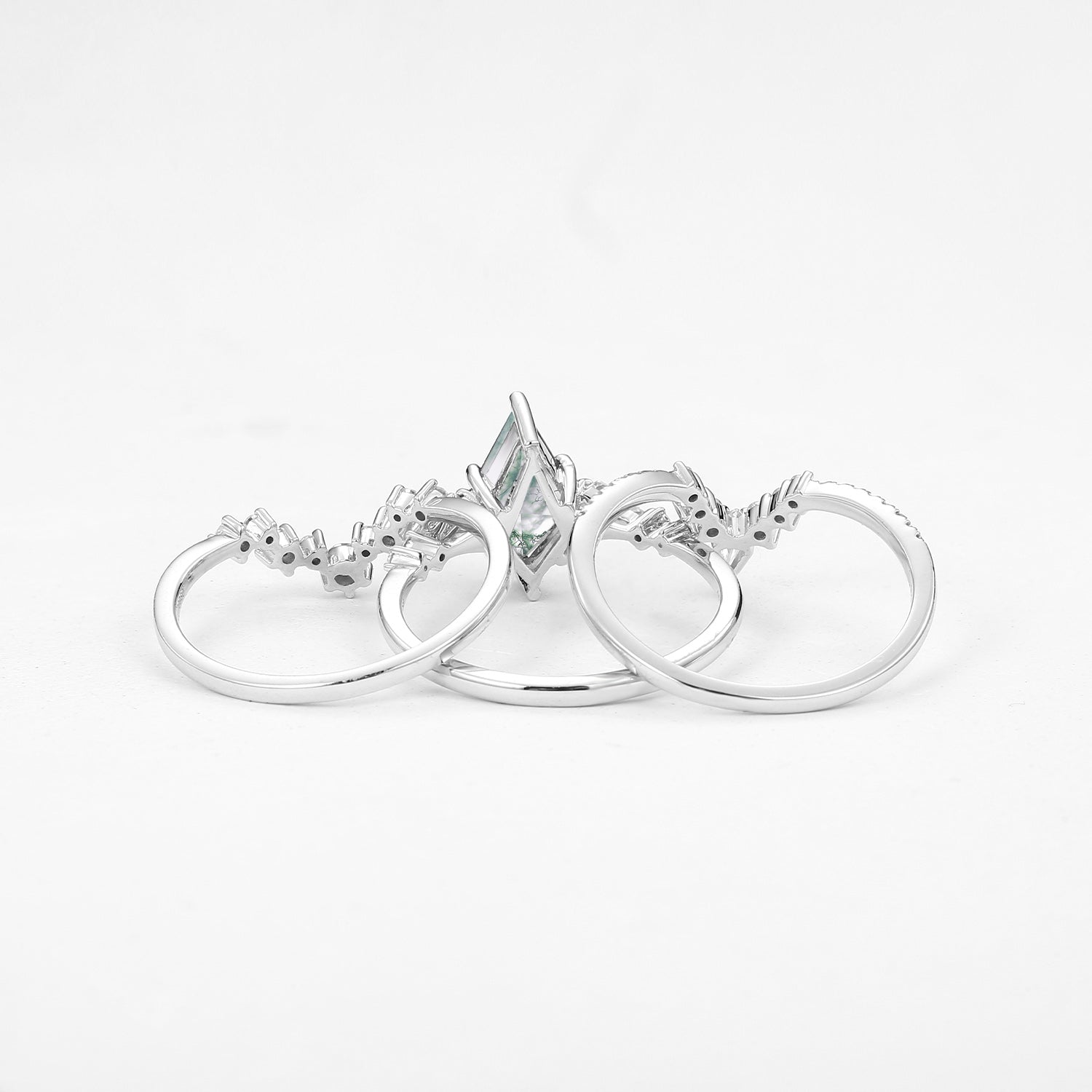 Twin Flames - Kite Cut Moss Agate Engagement Ring Set 3pcs - Tyler