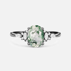 Oval Cut Moss Agate Classic Engagement Ring
